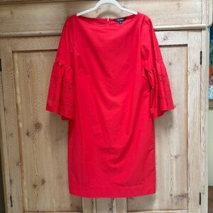 Lauren Ralph Lauren Red Shift Dress Eyelet Laser Cut Sleeves Size 8